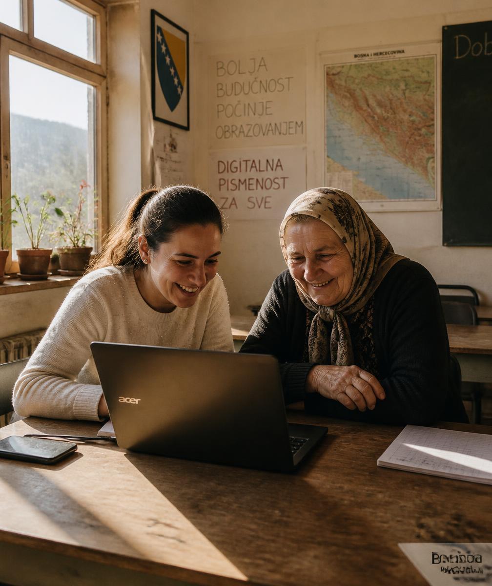 Two women learning together on a laptop in a community classroom